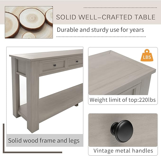 Solid Wood Console Table,Long Sofa Table Entryway Table with 4 Drawers and Bottom Shelf for Hallway Living Room Couch Table,Fully Assembled (63" Gray Wash)-Ruum Studio Home