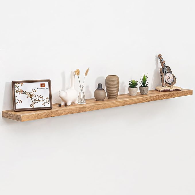 55 Inch Floating Shelves for Wall, Elm Wood Floating Shelves for Home Décor, Wall-Mounted Display Shelves with Heavy-Duty Bracket, Live Edge Long Floating Shelf for Kitchen, Living Room, Natural-Ruum Studio Home