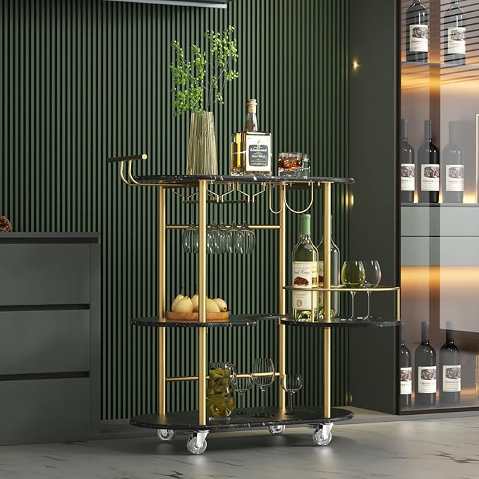 Black Bar Carts with 4-Tier Storage Shelves, Mobile Bar Serving Cart with Wine Rack and Glass Holder, for The Home, Kitchen, Living Room, Dining Room-Ruum Studio Home