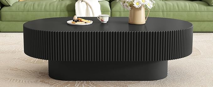 43.3" Oval Fluted Coffee Table Modern Elegant Drum End Table, Minimalist Center Table 7.8" Thick Tabletop with Sturdy Base for Living Room, Bedroom, Apartment,Easy Assembly, Black-Ruum Studio Home