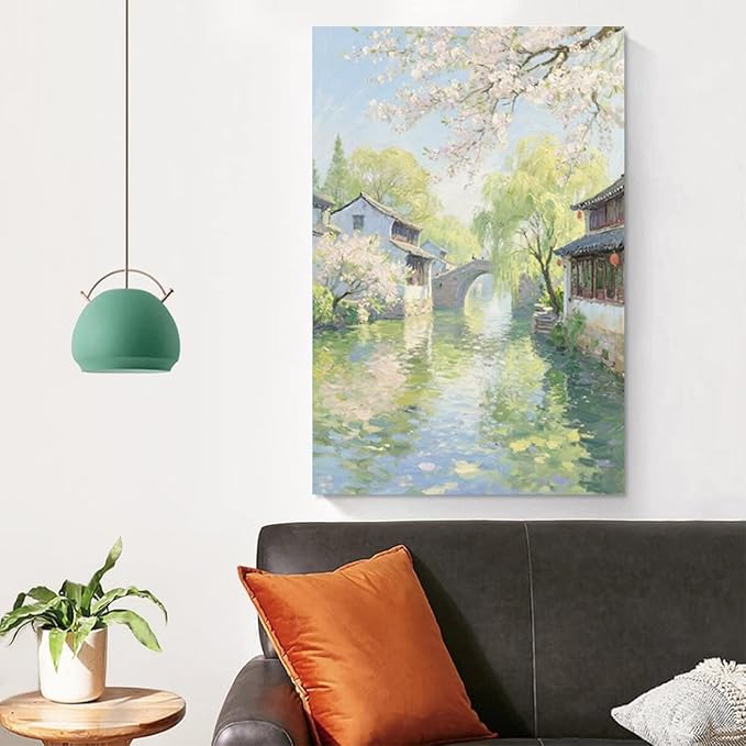 Small bridge stream house Jiangnan style landscape poster suitable for living room bedroom office natural oil painting poster-Ruum Studio Home