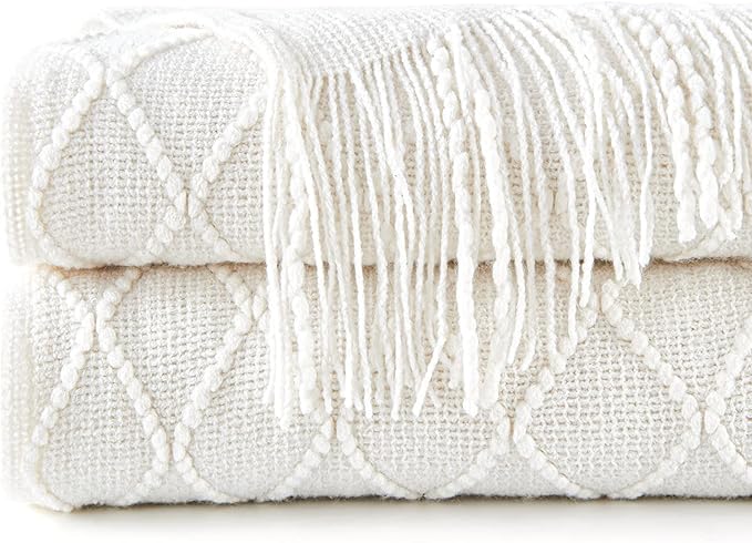 inhand Knitted Throw Blankets for Couch and Bed, Soft Cozy Knit Blanket with Tassel, Off White Lightweight Decorative Blankets and Throws, Farmhouse Warm Woven Blanket for Men and Women, 60"x80"-Ruum Studio Home