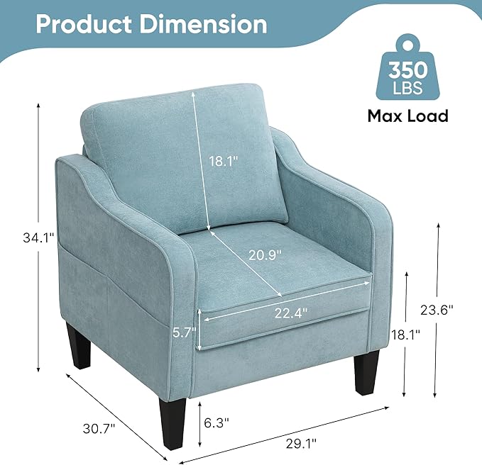 Accent Chair for Living Room, Mid Century Modern Reading Chair for Bedroom, Upholstered Armchair with Side Pockets, Comfy Single Sofa Side Chair for Office, Apartment, Small Room, Teal Green-Ruum Studio Home