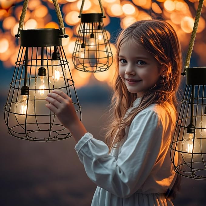 Solar Hanging Lantern with Rope, Vintage Industrial Pendant Light, 12.8" Solar Powered Outdoor Lantern, IP65 Waterproof Garden Light, Warm White Glow, Rechargeable for Patio, Porch, Yard Decor-Ruum Studio Home