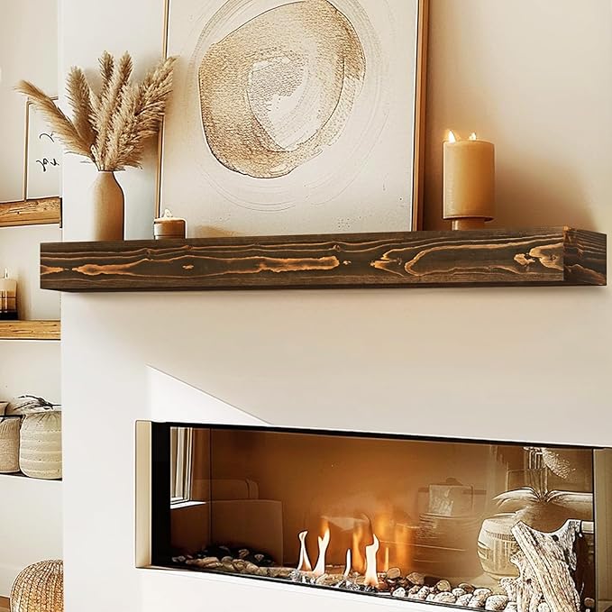 56x8x3 Fireplace Mantel - Handcrafted Hollow Rustic Solid Wood Wall Mounted Floating Shelf with Invisible Heavy Duty Wood Bracket (Weathered Brown)-Ruum Studio Home
