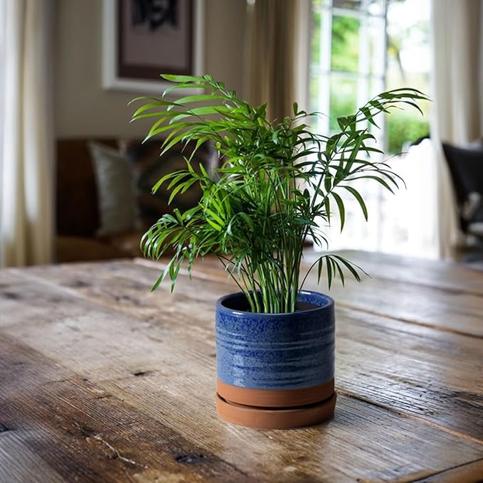 6 Inch Plant Pots, Ceramic Planter Pot with Drainage Hole & Saucer, Indoor/Outdoor Cylinder Round Planter Pot, Aqua Blue & Terracotta Red-Ruum Studio Home
