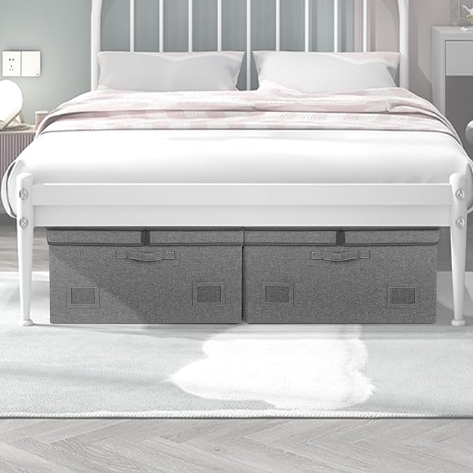 75 Quarts Extra Large Decorative Storage Bins with Lids, 3 Packs Gray Collapsible Storage Bins with Lids, Stackable Storage Bins Decorative Box Storage With Lid Extra Large-Ruum Studio Home