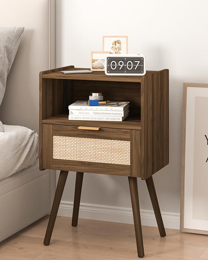 Rattan Nightstand,Modern Bedside Table with Storage Drawer and Open Wood Shelf, for Living Room, Bedroom and Small Spaces, Accent Night Stand with Solid Wood Legs, Easy Assembly,Walnut Brown-Ruum Studio Home