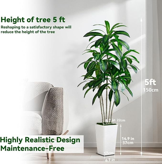 Artificial Dracaena Tree Artificial Silk Tree Faux Tree with White Tall Planter Fake Tropical Yucca Floor Plant (1, White Tall Planter, 5 FT)-Ruum Studio Home