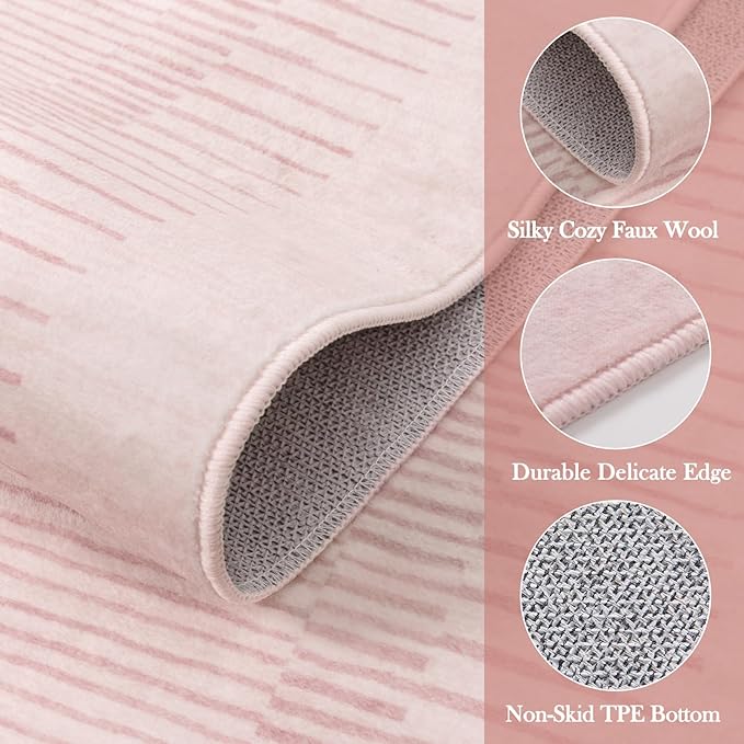 Wonnitar Washable Striped Living Room Area Rug 5x7, Non-Slip Berber Stripe Pink Area Rugs for Bedroom Girls, Low Pile Soft Large Throw Carpet for Kids Nursery Room (Pink,5' x 7')-Ruum Studio Home