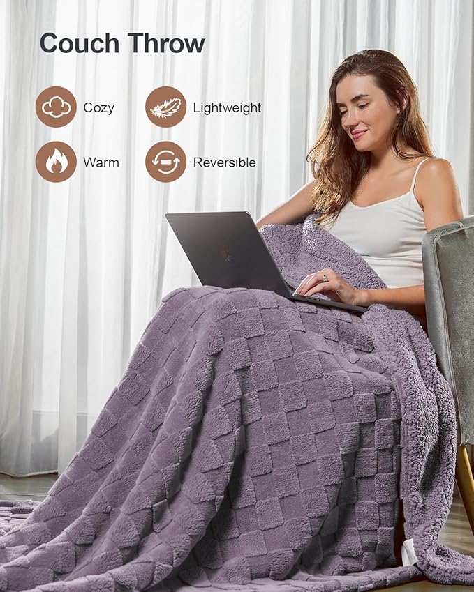 Pawque Super Soft Cozy Throw Blanket Twin Size for Couch Bed, Fluffy Sherpa Fleece Reversible Thick Warm Fuzzy Blanket for All-Season, 3D Checkered Jacquard Decorative Blankets, Purple, 60" x 80"-Ruum Studio Home