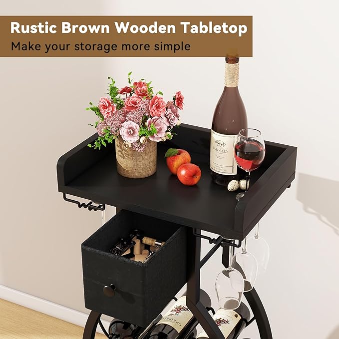 IBUYKE Wine Rack Freestanding Floor,Wine Storage 15 Bottles Bottle Rack with Glass Holders, Mini Bar Wine Cabinet with Storage Drawer for Home Bar Kitchen Dining Room,Black,UTMJ908B-Ruum Studio Home