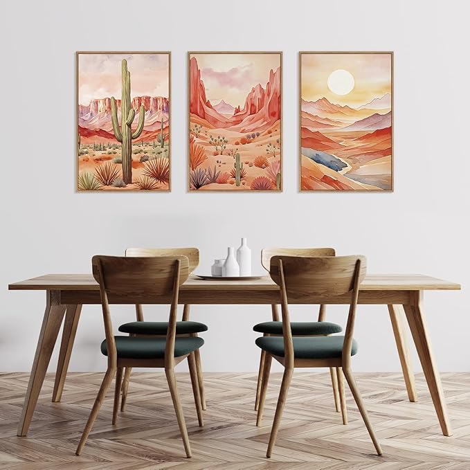 HLNIUC Boho Desert Plant Framed Canvas Wall Art Set,Southwestern Sun Mountain Wall Decor,Cactus Sunset Landscape Wall Painting,Watercolor Abstract Desert Art Prints for Living Room,Bedroom - 16”x24”x3-Ruum Studio Home