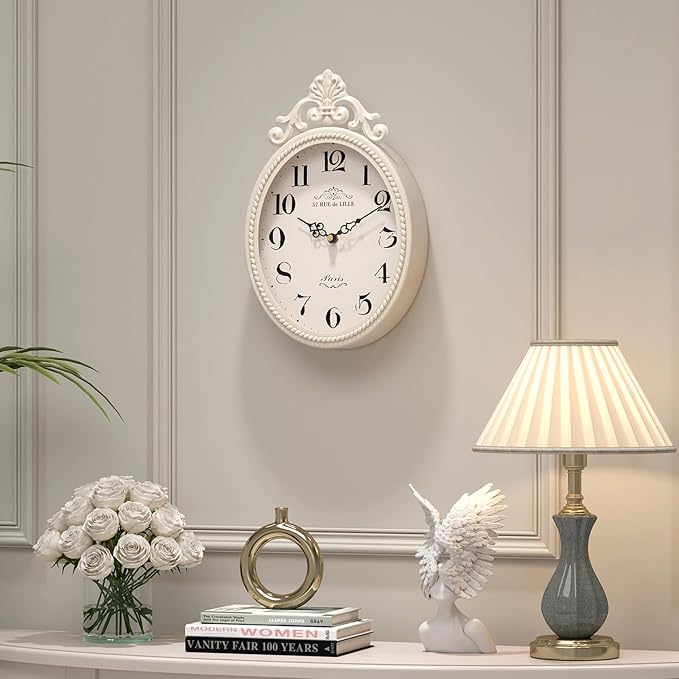 Abdurey Small French Retro Decorative Wall Clock, Ivory White Vintage Oval Style,Silent Battery Operated Boho Decor Wall Clocks for Farmhouse,Kitchen,Bedroom,Bathroom(10.4" H x 6.7" W)-Ruum Studio Home