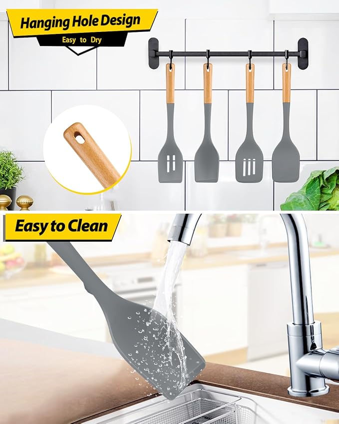 Pack of 4 Silicone Kitchen Utensils Set, Non Stick Solid Spatulas and Heat Resistant Slotted Spoons with Wooden Handle, Ideal BPA Free Cooking Utensils for Mixing,Serving,Turning,Stirring(GRAY)-Ruum Studio Home