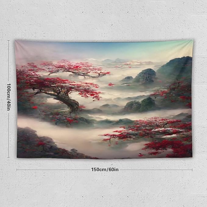 Japanese Tapestry, Red Plum Cherry Blossom Mountain, Asian Wall Art, Nature Landscape for Bedroom & Living Room Decor, 60"x40"-Ruum Studio Home