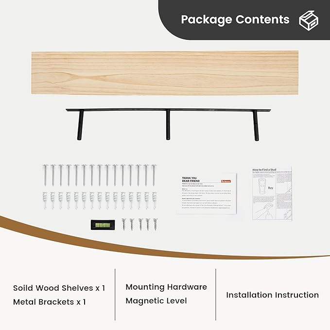 Fun Memories 48 Inch Floating Shelves for Wall, Deep Rustic Solid Pine Wood Floating Shelf - Farmhouse Wall Mounted Display Shelf with Heavy-Duty Metal Bracket, 48" W x 8" D, Set of 1, Unfinished-Ruum Studio Home