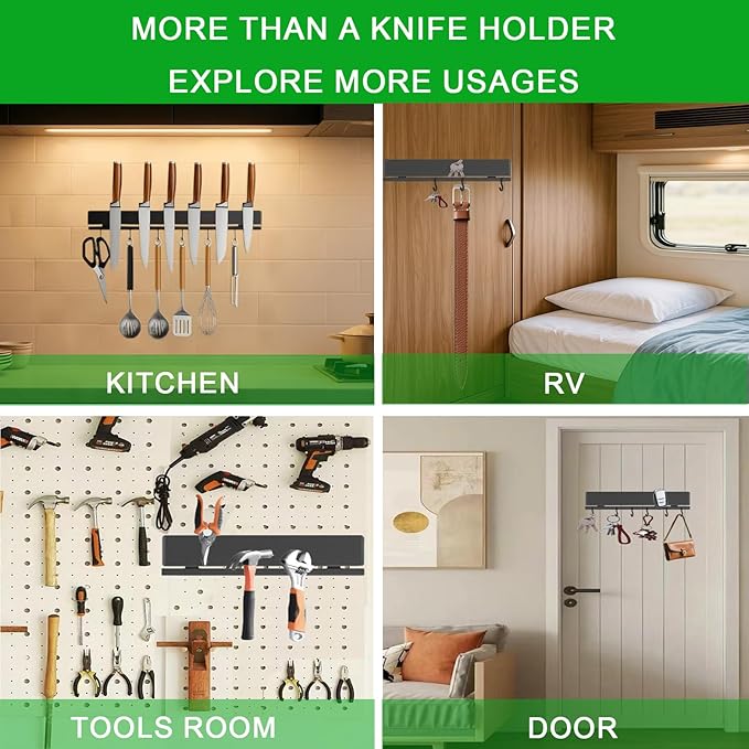 YIIYIIN 12 Inch Magnetic Knife Holder for Wall No Drill,Adhesive Knife Magnetic Strip with 6 Hooks,Kitchen Double Rods Stainless Steel Magnetic Utensil Holder(Black)-Ruum Studio Home