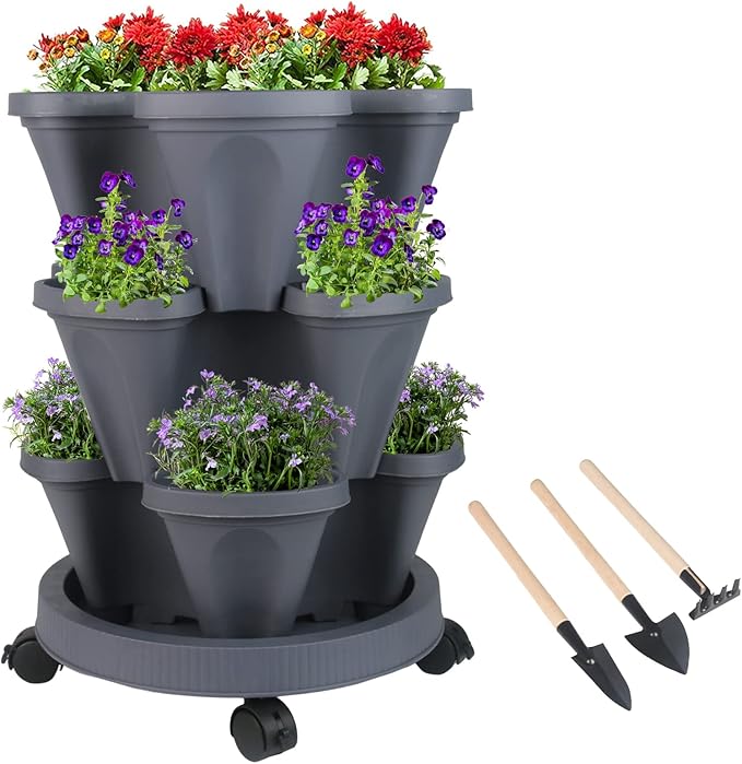 Vertical Planter 3 Tier Stackable Planters Garden Planters Strawberry Herb Flower and Vegetable Planter Indoor Outdoor Gardening Pots with Removable Wheels and Tools-Ruum Studio Home