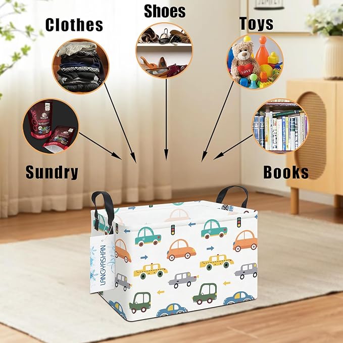 LANGYASHAN Rectangular Storage Bin Collapse Canvas Fabric Cartoon Storage Basket with Handles for Organizing Home Kitchen Boys and Girls Toys Office Closet Shelf Baskets(Rec Color Cars)-Ruum Studio Home