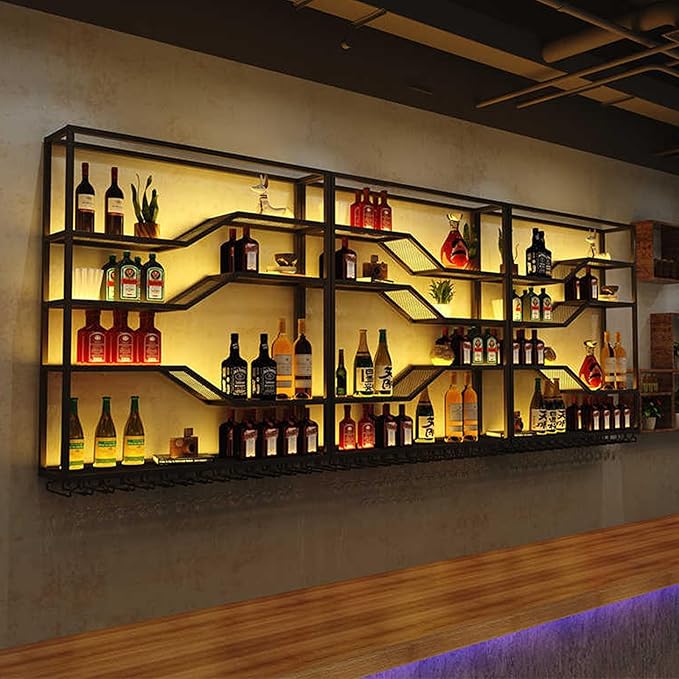 94.4in Wall Mounted Wine Rack with LED Light, 5-Tiers Liquor Bottles Display Shelf with Glasses Holder, Metal Home Bar Shelves with Industrial Iron Frame for Kitchen (Black, 94.4in/7.87ft)-Ruum Studio Home