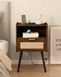 Rattan Nightstand with Outlet,Modern Bedside Table with Storage Drawer and Open Wood Shelf, for Living Room, Bedroom and Small Spaces, Accent Night Stand with Solid Wood Legs,Walnut Brown-Ruum Studio Home