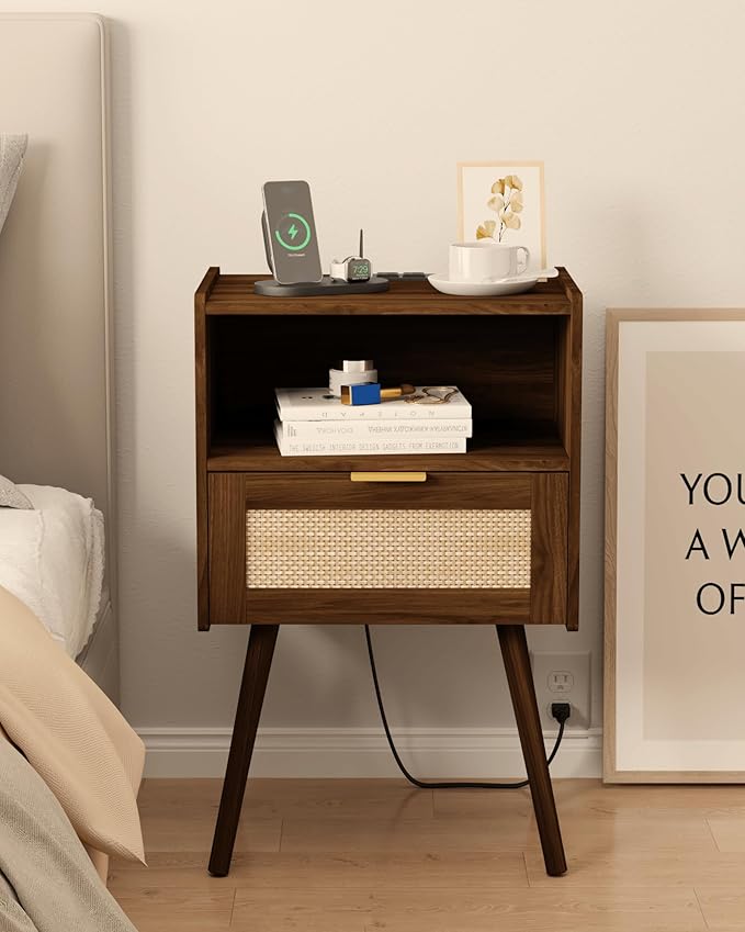 Rattan Nightstand with Outlet,Modern Bedside Table with Storage Drawer and Open Wood Shelf, for Living Room, Bedroom and Small Spaces, Accent Night Stand with Solid Wood Legs,Walnut Brown-Ruum Studio Home