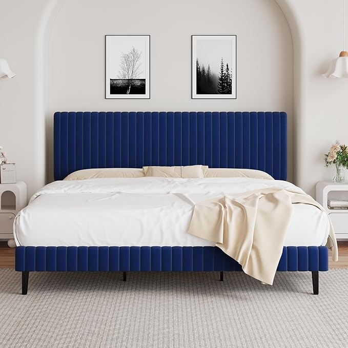 King Size Bed Frame and Headboard, Velvet Upholstered Platform Bed with Vertical Channel Tufted Headboard and Footboard, No Box Spring Required, Easy Assembly, Blue-Ruum Studio Home