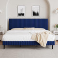King Size Bed Frame and Headboard, Velvet Upholstered Platform Bed with Vertical Channel Tufted Headboard and Footboard, No Box Spring Required, Easy Assembly, Blue-Ruum Studio Home