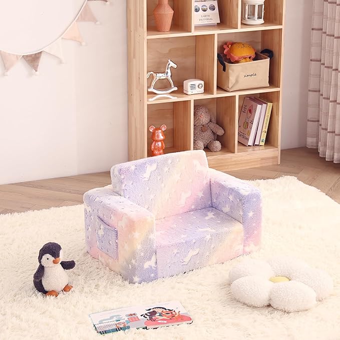 Toddler Chair Kids Couch, 2-in-1 Toddler Soft Sherpa Couch Fold Out Armchair with Removable Cover, Convertible Reading Chair Toddler Sofa for Kids, Glow in The Dark Purple Horse-Ruum Studio Home