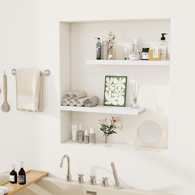 Fun Memories Floating Shelves for Wall, 22.5" Rustic Wood Deep Wall Mounted Shelves with Invisible Brackets for Decor & Storage, Floating Shelf for Living Room, Bathroom (White, Set of 2)-Ruum Studio Home