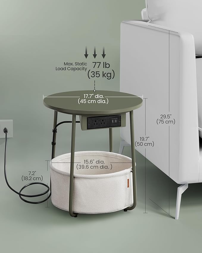 VASAGLE Side Table with Charging Station, Round End Table with Fabric Basket, Nightstand with Power Outlets, USB Ports, for Living Room, Bedroom, Modern, Forest Green and Cream White ULET228C04-Ruum Studio Home