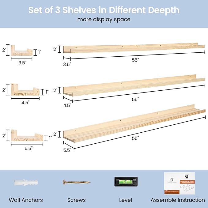 Pine Wood Nursery Book Shelves 3 Pack, Floating Ledge Shelves for Kids' Room, Bedroom, Bathroom, Long Floating Shelves for Wall, Natural-Ruum Studio Home