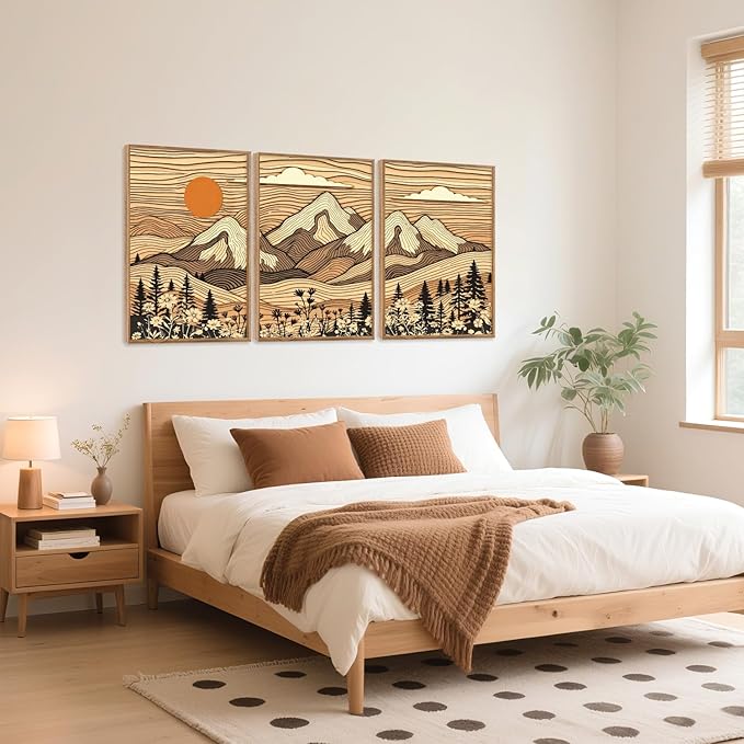 HPNIUB Mountain Framed Canvas Wall Art, Vintage Pine Tree Wall Decor, Country Wilderness Forest Wildflower Painting, Modern Nature Sun Art Prints for Living Room,Bedroom,Farmhouse- 16"x24"x3-Ruum Studio Home