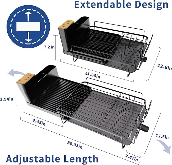 Runnatal Large Dish Drying Rack with Drainboard Set, Dish Rack, Extendable Dish Rack, Utensil Holder, Cup Holder, Expandable Dish Drainer for Kitchen Counter-Ruum Studio Home