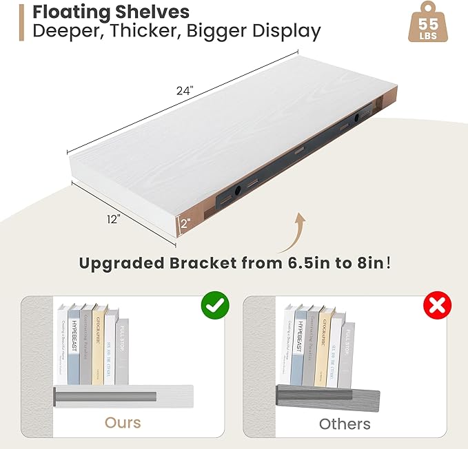 Heimlove 24 x 12 Inch Deep Floating Shelves Wall Mounted with Invisible Brackets,Storage Hanging Shelf for Wall Decor in Bathroom, Bedroom, Toilet, Kitchen, Living Room, Office Set of 2 (White)-Ruum Studio Home