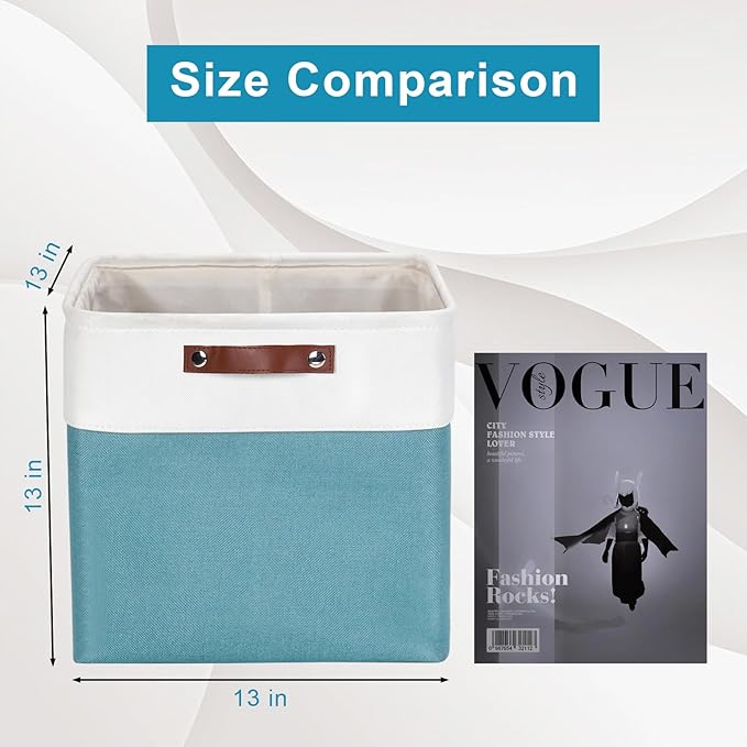13x13 Cube Storage Bins, Collapsible Fabric Storage Box, 4 Pack Closet Baskets with Handles for Organizing, Shelf, Toys, Clothes, Home, Office, Nursery (Teal&White)-Ruum Studio Home