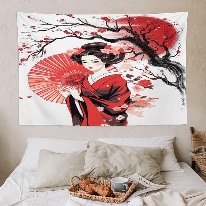 Japanese Red Geisha Tapestry Asian Cherry Blossom Traditional Kimono Folk Tapestries Home Decor for Living Room Bedroom Apartment Farmhouse Dorm 60"x40"-Ruum Studio Home