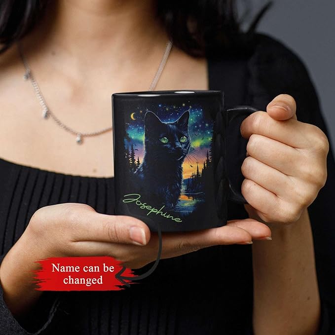 Custom Cute Cat Coffee Mug With Northern Lights, Customized Name Ceramic Mug 11oz 15oz, Beautiful Nature Scene Mug, Personalized Animal Lovers Black Cup, Gift For Pet Enthusiasts-Ruum Studio Home