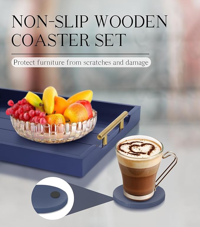 Coffee Table Tray - Large Ottoman Tray for Living Room - Wood Serving Tray with Handles(2 Sets) - Wooden Trays for Coffee Tables, 4 Round Coasters Included, Deep Blue-Ruum Studio Home