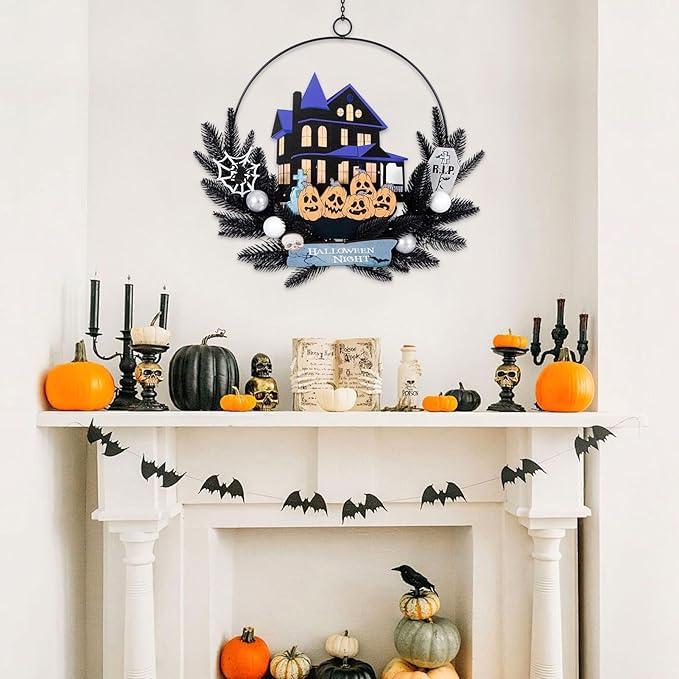 Lighted Halloween Wreaths for Front Door, Welcome Metal Wooden Door Wreath Decor Hanging Sign, 30 LED Lighted Wall Decor Battery Operated for Halloween Indoor Outdoor (Pumpkin)-Ruum Studio Home