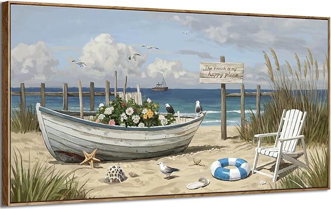 amatop Giant Framed Beach Wall Art Large Nautical Seaside Canvas Print Flower Boat Ocean Horizontal Landscape Picture Sea Birds Artwork for Coastal Farmhouse Living Room Bedroom Office Decor 58×29 Inch-Ruum Studio Home