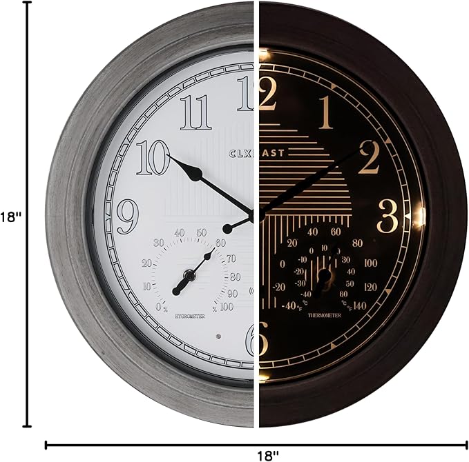 CLXEAST 18 Inch Farmhouse Illuminated Outdoor Atomic Wall Clock with Thermometer & Hygrometer Combo, Night Lighted Wall Clock with Smart Sensor, Weather Stations,Brushed Grey Oak Finish-Ruum Studio Home