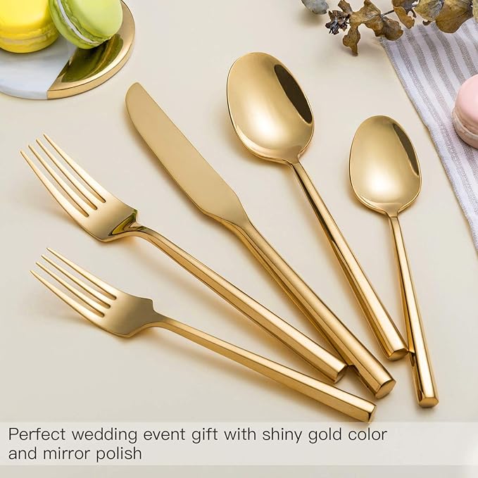 Silverware Set Flatware Set Shiny Gold Cutlery Set with Hexagon Handle Forged Stainless Steel Heavy 20 Pieces For Home Hotel Use Service for 4-Ruum Studio Home