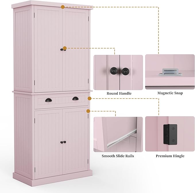 ARTPOWER 72" Tall Kitchen Pantry Storage Cabinet with Drawer and Adjustable Shelves, Pantry Cabinet for Kitchen, Bathroom or Hallway, Pink-Ruum Studio Home
