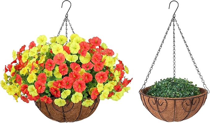 Artificial Fall Flowers Fake Hanging Plants Flowers Basket for Outdoors Autumn Decoration, Silk Morning Glory with Eucalyptus Look Real UV Resistant Faux Flowers for Outside Porch Patio Balcony, Mix-Ruum Studio Home