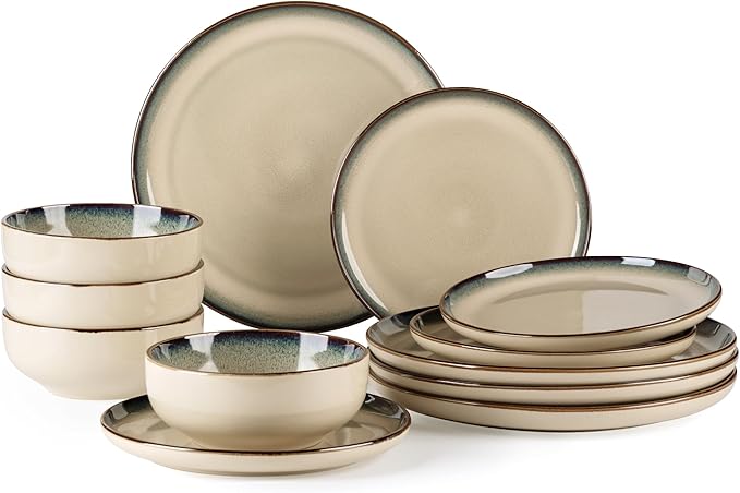 GBHOME Ceramic Dinnerware Sets for 4, 12 Pieces Stoneware Plates and Bowls Sets, Scratch Resistant Dishes, Dishwasher & Microwave Safe, Reactive Glaze-Gravel-Ruum Studio Home
