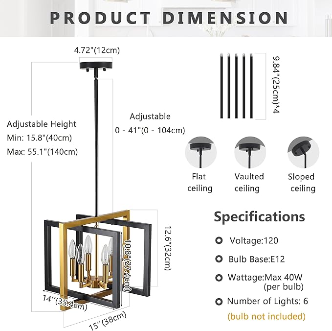 ANKYLHUA Black Gold Chandelier,6-Lights Ceiling Light Fixture E12,Adjustable Hight Pendant Lights Kitchen Island,Chandeliers for Dining Room,Bedroom,Entryway,Foyer-Ruum Studio Home