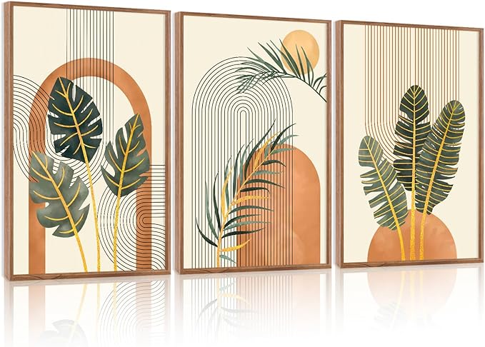 KAIRNE Boho Canvas Wall Art,Tropical Palm Leaf Wall Decor,Mid-Century Geometric Illustrations Set of 3(16”X24”),Abstract Line Pictures,Modern Botanical Prints for Living Room Bedroom Dining Room Decor-Ruum Studio Home