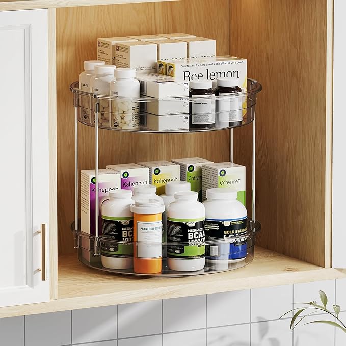 LAMU 12 inch 2 Tier Lazy Susan Turntable Organizer Rotating Spice Rack Organization for Cabinet, Kitchen, Pantry, Countertop, Bathroom, Vanity, Medicine Cabinet Organizer, Grey-Ruum Studio Home